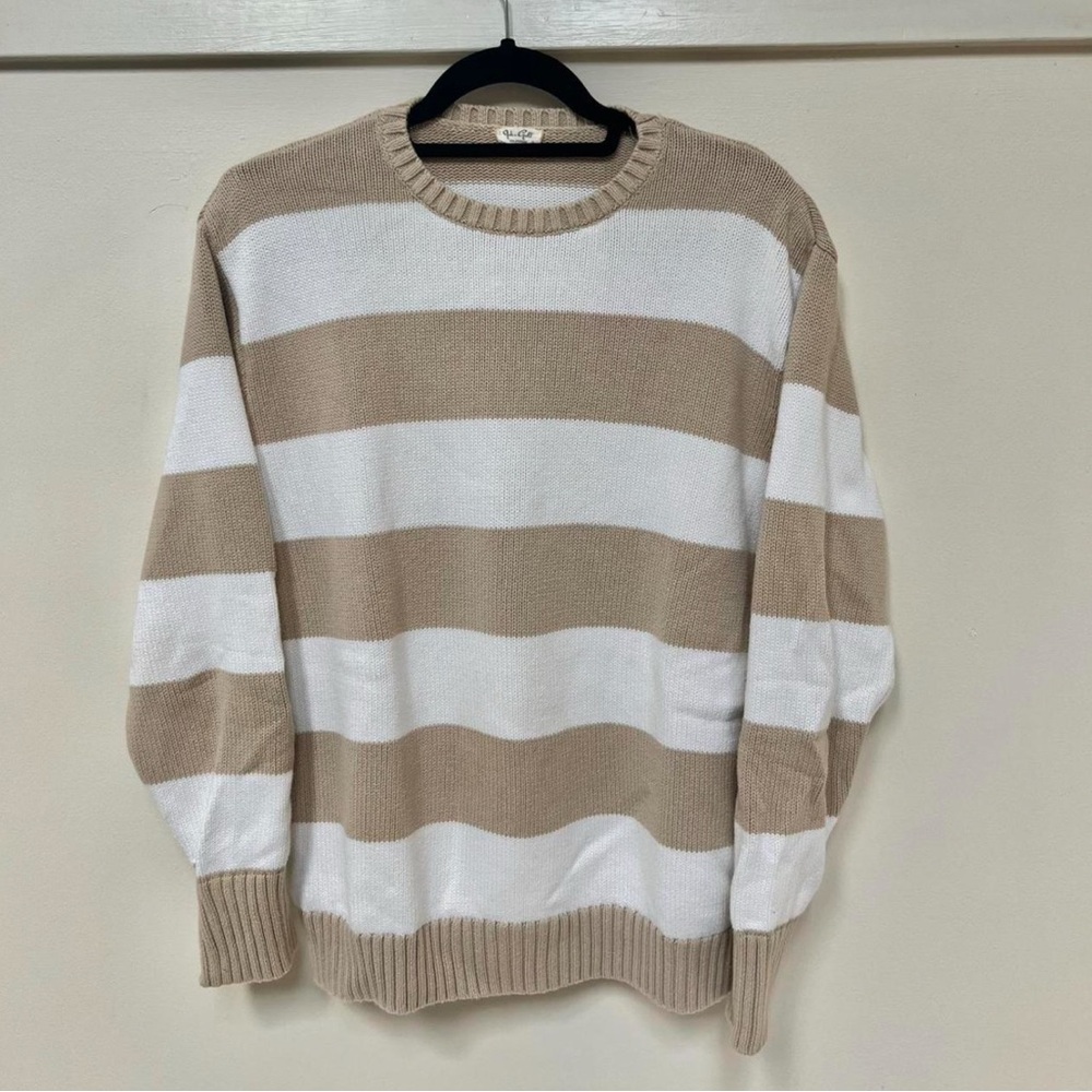 Brandy Melville Beige and White Striped Crewneck Sweater